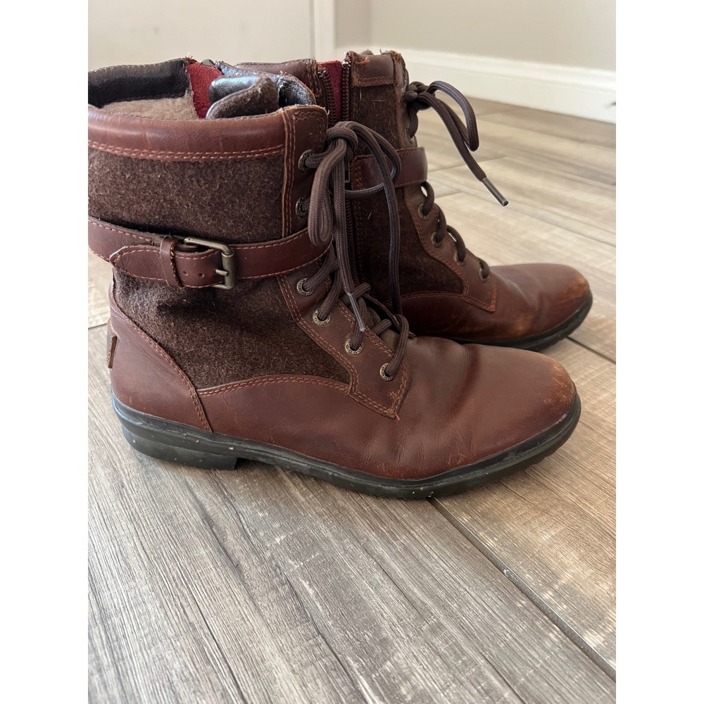 UGG Brown Lace-Up Leather & Wool Combat Boots